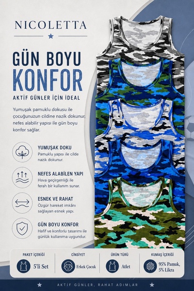 Tom John Tricou pentru băieți, cu bretele late, din bumbac, lycra, camuflaj