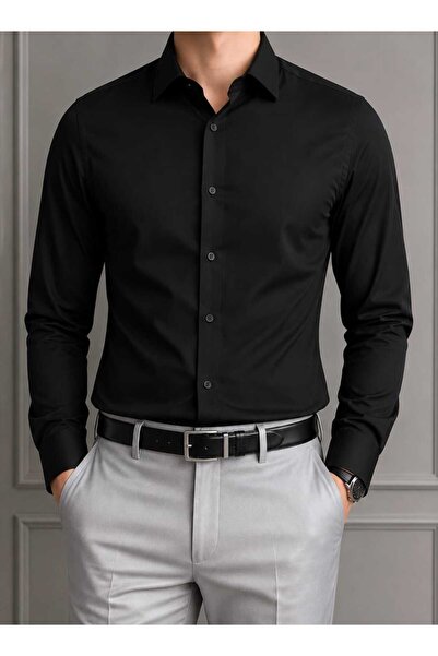 ZENGOLL & RAMİRES Erkek siyah Slim Fit Dar Kesim Düz Sert Yaka Uzun Kollu gömlek