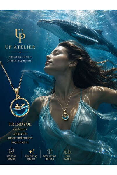 Up Atelier 925 Ayar Gümüş İthal Zincirli Mavi Zirkon Taşlı Yunus Balığı Model