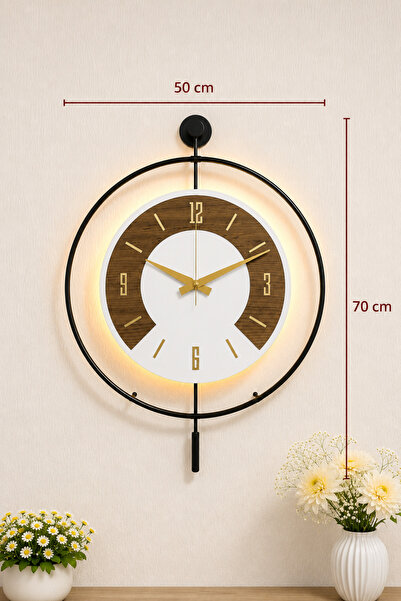 Pey Aksesuar 50x70 cm Metal Ahşap Ve Işığın Muhteşem Uyumu Duvar Saati dekoratif
