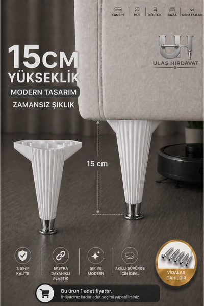 Mobilya - Baza - Koltuk - Akıllı Masa Ayağı, Beyaz Ayak - Krom Yüzük 15 Cm - Vida dahildir.