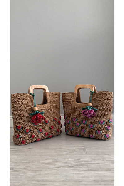 WOMANBAG EL YAPIMI KIRMIZI GÜL İŞLEMELİ HASIR EL ÇANTASI(40x35cm)