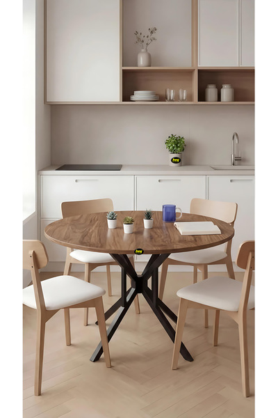 Selin Walnut Round Kitchen Table Dining Table Balcony Table Metal Black Leg 90 Cm