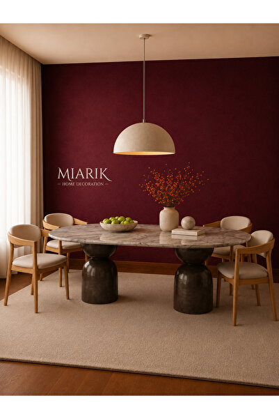 MIARIK DESIGN & DEKORASYON Bonjugo Ahsap Ayaklı Traverten Mermer Yemek Masası