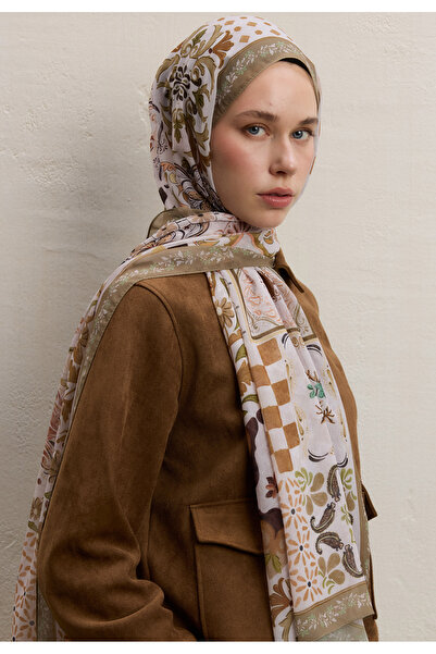 Freshscarfs Bella Desen İpek Krep Şal Toprak