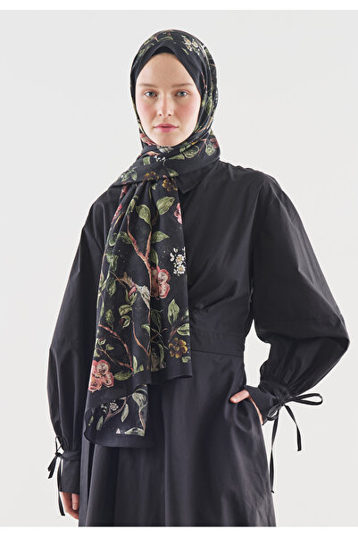 Freshscarfs Σάλι από βαμβάκι και βισκόζη με σχέδιο λουλουδιών και βροχής, μαύρο