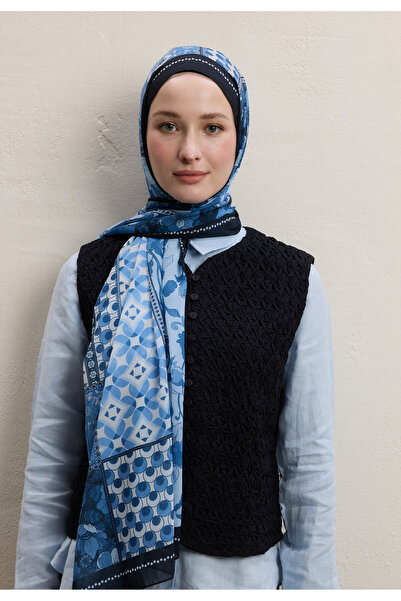 Freshscarfs Wıld Botanıcal Desen İpek Krep Şal Lacivert