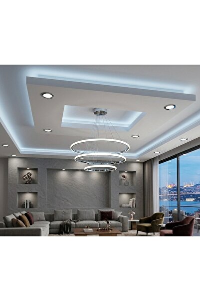 Lzy Avize Store 3’lü Çember Modern Krom Avize Beyaz Işıklı – Salon & Yemek Ma...