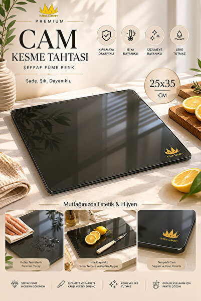 Miss Clean Cam Kesme Tahtası Şeffaf Füme Renk Temperli Cam Isıya Dayanıklı Kı...