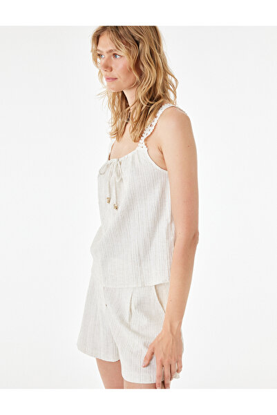 Koton Linen Blend Tie-Neck Lace Detailed Strap Blouse