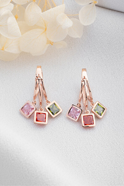 Silvano Jewelry 925 Ayar Gümüş Rose Renkli Taşlı Şans Halka Küpe