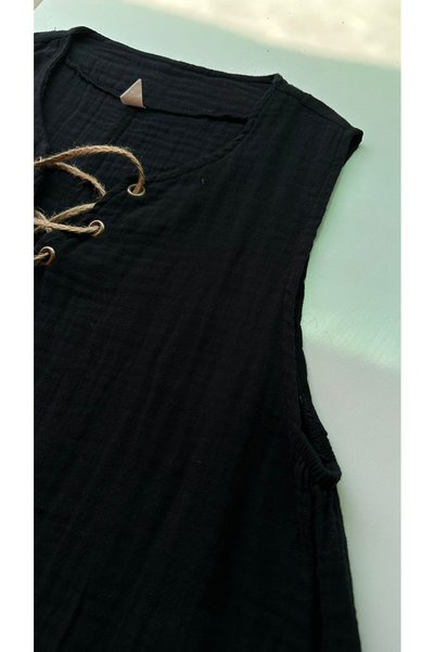 cesita Women's Black 100% Cotton Muslin Fabric Below Knee Loose Bell Dress
