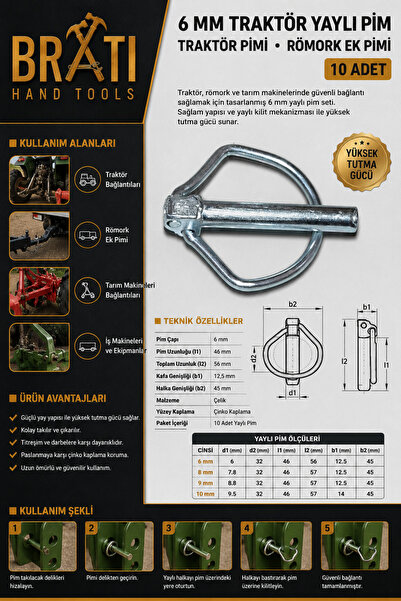 BRATİ HAND TOOLS 6 mm Traktör Yaylı Pim Traktör Pimi Römork Ek Pimi 6 Mm 10 Adet