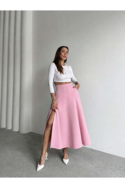 Maldia Shop Women's Zippered Slit Skirt with Belt in Pink