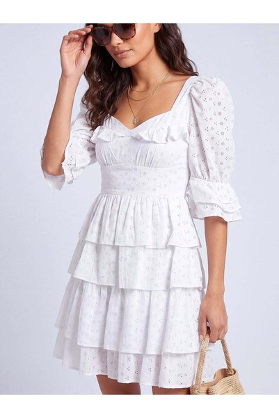 FARREN Women's White Flounce Dress – Layered Form, Light Like Daylight |   Frn Line