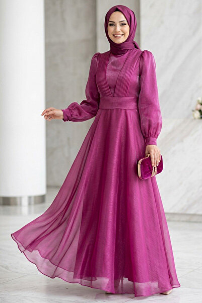 Neva Style Drape Detaylı Fuşya Tesettür Abiye Elbise 45701F