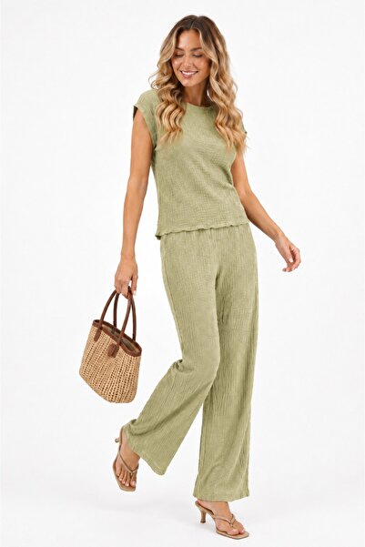 rindahomewear Bürümcük Fabric Green Low Sleeve Pajama Set