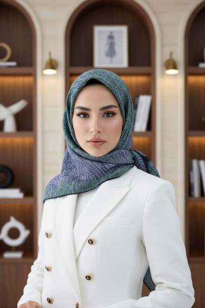 Vissona %100 Twill İpek Dokulu Desen Saks - Zümrüt Yeşili Renkli 90x90 Eşarp ...