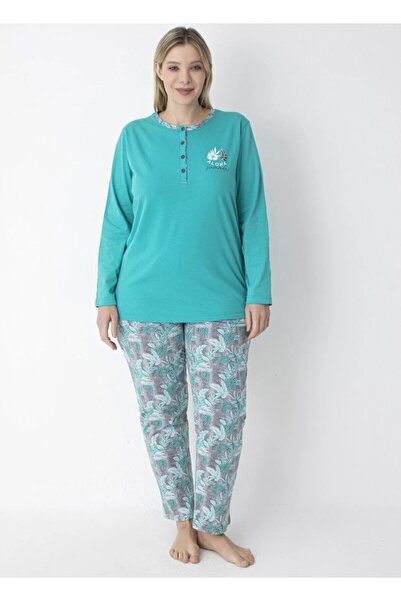 SENFONİ Yeşil Patlı Çiçek Desenli Büyük Beden Pamuklu Pijama Takımı – %100 Pamuk