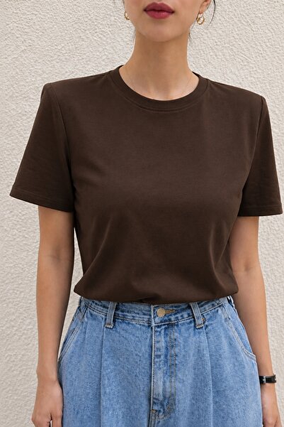 BESTYSO Kadın Vatkalı Bisiklet Yaka Viskon Kumaş T-Shirt