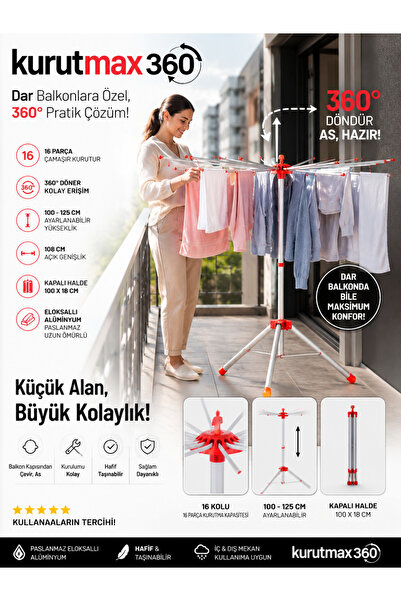 KURUTMAX 360 Dönerli Çamaşırlık,alüminyum ,şemsiye Şeklinde, Kurutmalık Çamaş...