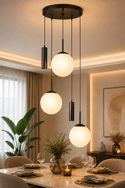 VENON RANA Yuvarlak 5.li SİYAH ❤️ 2 Spot Led ❤️ 3 BEYAZ Glop Camlı ❤️Modern S...