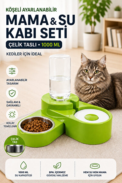 Miapet Köşeli Ayarlanabilir Hazneli Çelik Taslı Kedi-köpek Mama Ve Su Kabı Se...