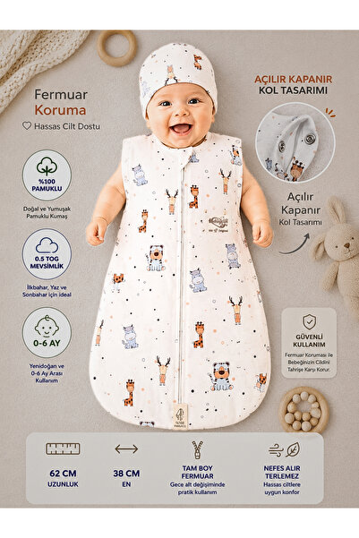 Tomuycuk Desenli %100 Pamuklu Unisex Bebek Uyku Tulumu 0-6 Ay Fermuarlı Çıtçı...