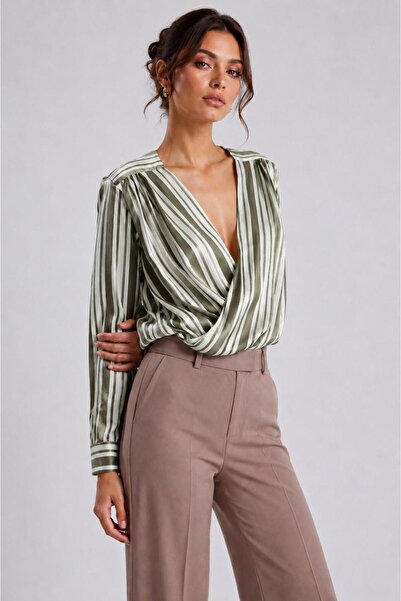 ikomteks Chain Detailed Double Breasted Collar Striped Blouse