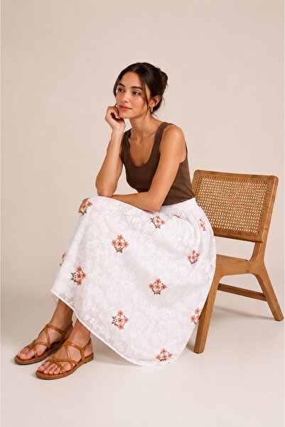 OYERGA MODA Kadın Müslin Kumaş Çiçek Desenli Beyaz Etek
