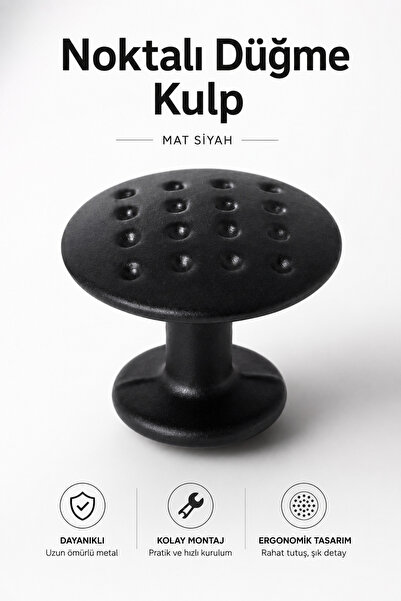 NZB Noktalı Düğme Çekmece Dolap Kapak Kulpu Kulbu Mat Siyah Metal Daire Kulp