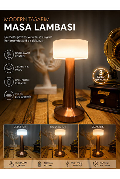 EyluX Shop Dekoratif Şarjlı Dokunmatik 3 Renkli Led Masa Lambası Usb-TypeC Ka...
