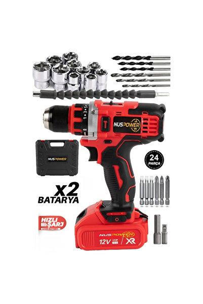nuspower Metal Şanzıman Darbeli Şarjlı Matkap – 24 Parça Akülü Vidalama Seti ...