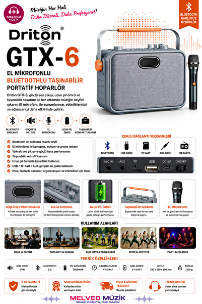 DRİTON GTX-6 EL MİKROFONLU BLUETOOTHLU TAŞINABİLİR PORTATİF HOPARLÖR