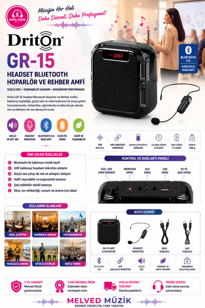 DRİTON GR-15 KABLOSUZ KAFA MİKROFONLU MİNİ REHBER AMFİ VE BLUETOOTH HOPARLÖR