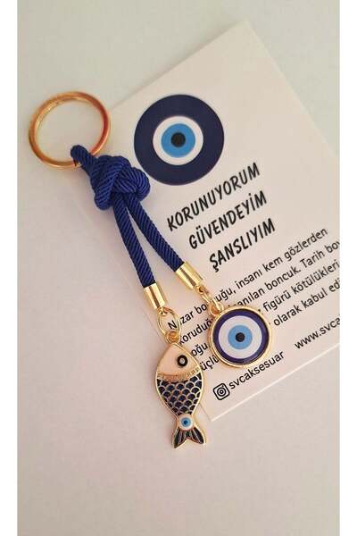 Chance Fish Keychain with Souvenir Evil Eye Beads - Navy Blue