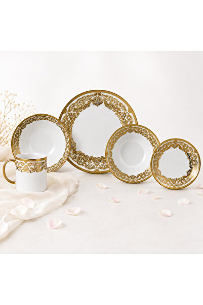 opulentmaison Set de masă ceramic din 30 de piese cu detalii aurii, veselă pr...