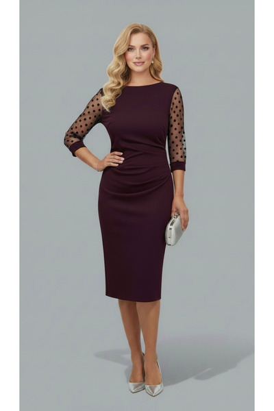 Veline Elegant dark cherry dress, midi, side pleats, Sheer black tulle sleeve...
