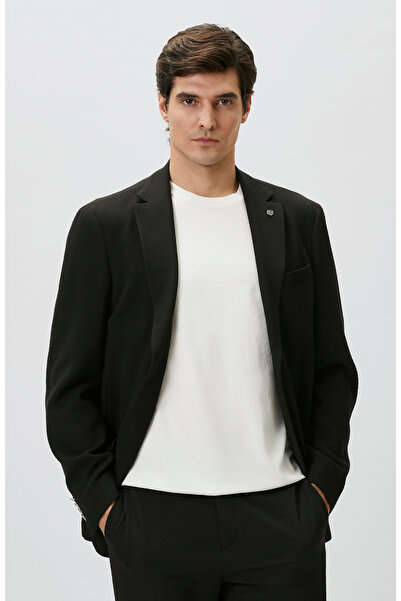 Network Slim Fit Siyah Mono Yaka Gofreli Örme Ceket