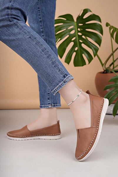 Nesil Shoes Knc 033 Tan Genuine Soft Leather Women's Shoes