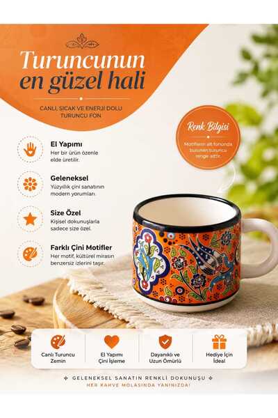 Home Anatolian Porcelain Patterned Ceramic Coffee Cup Orange Color