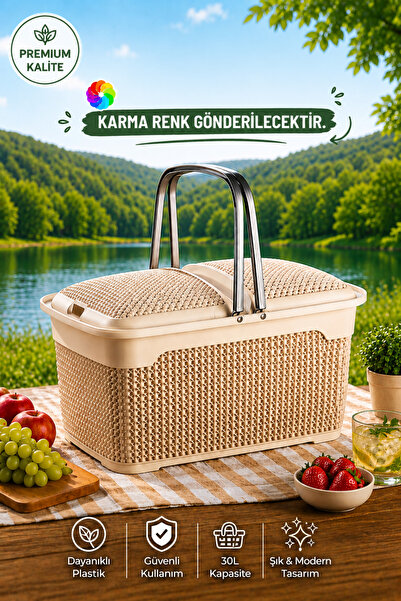 grimorlife Kapaklı Hasır Desenli Çok Amaçlı Piknik Sepeti 30 Lt. | Taşıma Sap...