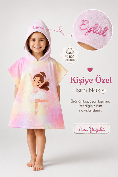 Ballerina - Named Girl Hooded Poncho Towel - Sea Pool Bathrobe Baby Bath Towel 4-8 Years