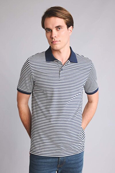 DeFacto Cotton Regular Fit Pique Striped Short Sleeve Polo Navy Blue T-Shirt ...