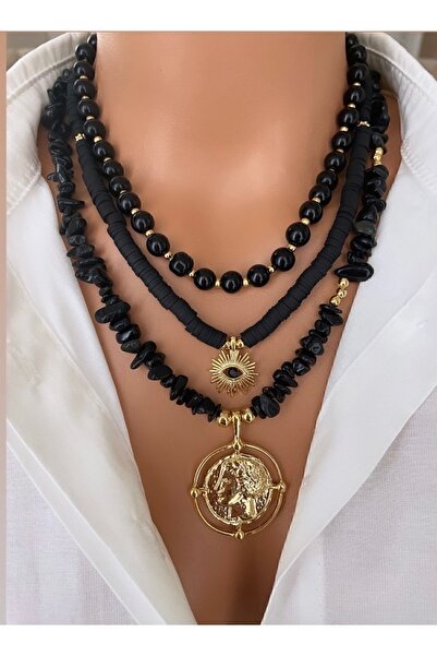 Trend Jewellery ÜÇ KOLYELİ SET Altın Kaplama Doğal Taş Siyah Oniks Altın Kapl...