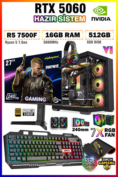 Zeiron Warrior Eagle X70 R5 7500F 16GB 512GB SSD RTX5060 27" 240Hz Sıvı Soğut...