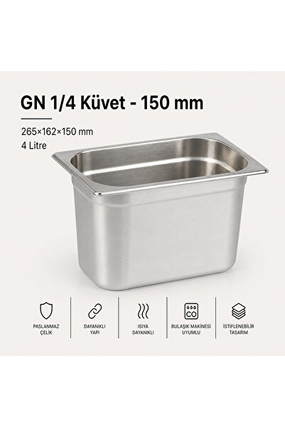 Natsan Paslanmaz Çelik Gastronom/gastronorm Küvet Gn 1/4-150 (26,5 X 16,2 X 1...
