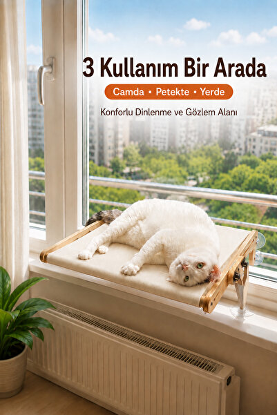 atolyeman Vantuzlu Cam/Pencere Ahşap Kedi Yatağı, Peteğe Asılabilir, Kalorife...