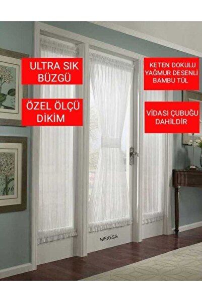 Mexess Keten Dokulu Yağmur Desenli Bambu Tül Kelebek Perde Briz Perde Çubukla...