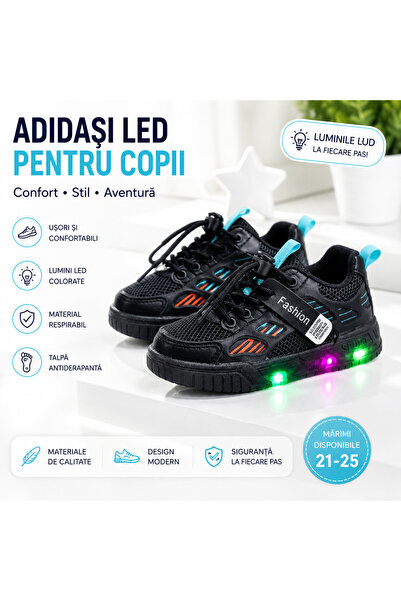 Bebelul Adidasi negri cu dungi colorate si luminite